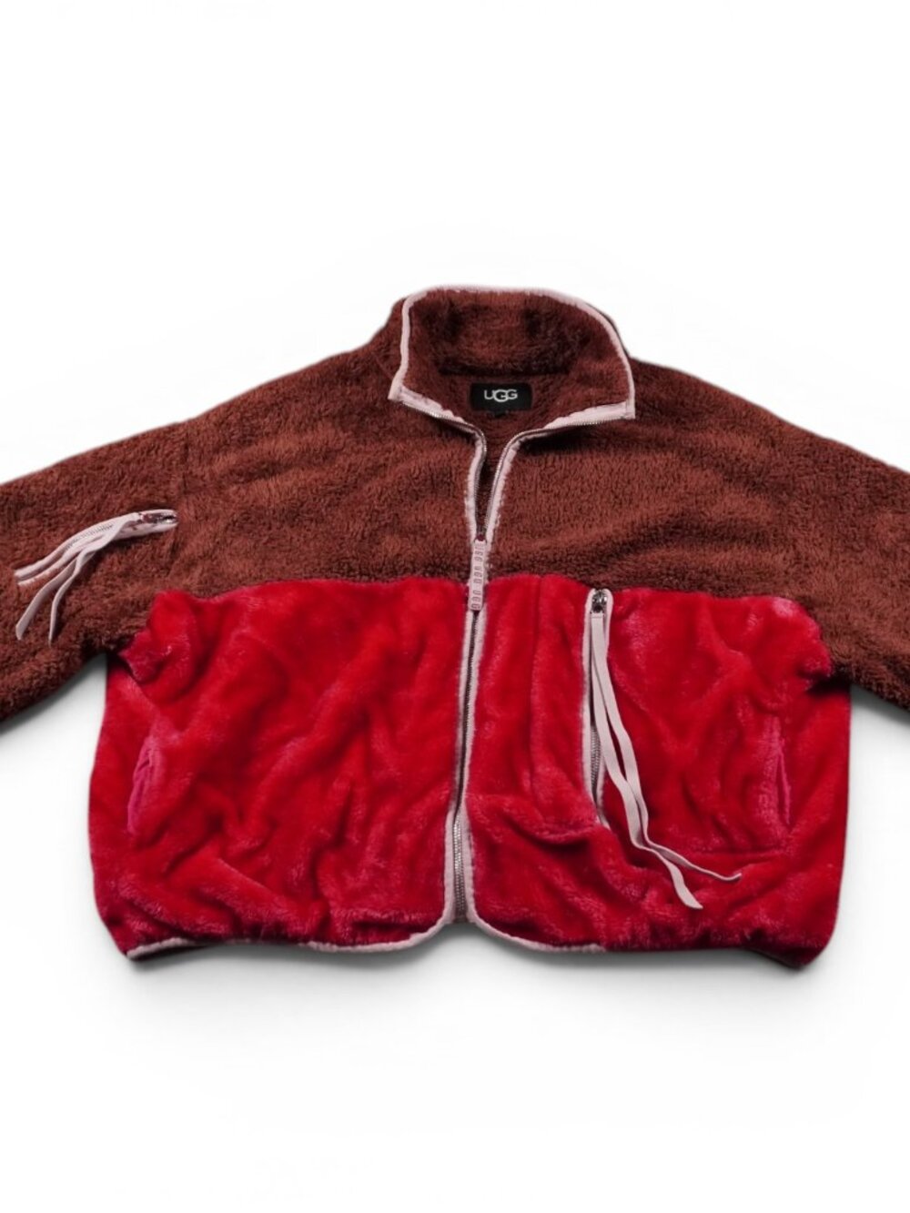 Ugg Marlene Sherpa Jacket Womens‎ Small Brown Red Fuzzy Fleece Colorblock Hiking